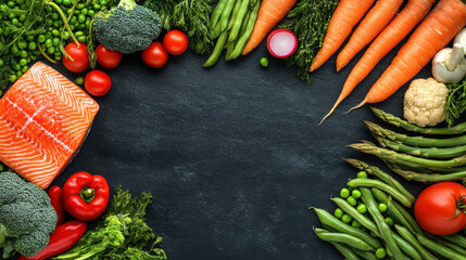Salmon Trout Fish Steak in a vintage wooden plate with thyme and rosemary. Dark background. Top view.