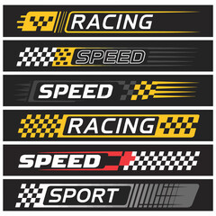 Naklejka premium Racing Championship and Motocross Sticker Vector Set, Sport vehicle stickers with dynamic stripes, checkered flag elements, and racing emblems for automotive and motorcycle graphic design.