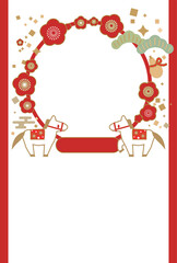 Obraz premium 2026年の馬のイラストの和風の年賀状 フォトフレーム有り 縦