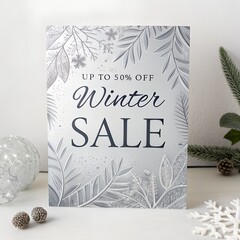 Luxury Winter Offer Card with Up to 50% OFF Text, Elegant Silver and White Theme and Ice Crystal Texture Isolated on White Background