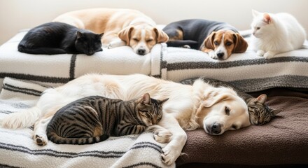 Obraz premium A large group of cats and dogs sleeping together on soft blankets. Animal friendship and coexistence for international animal rights day