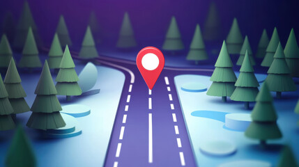 Red map pin on road to modern big city.