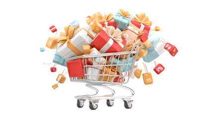 shopping cart overflowing with gift boxes and discount tags