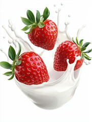Milk or yogurt splash with strawberries isolated on white