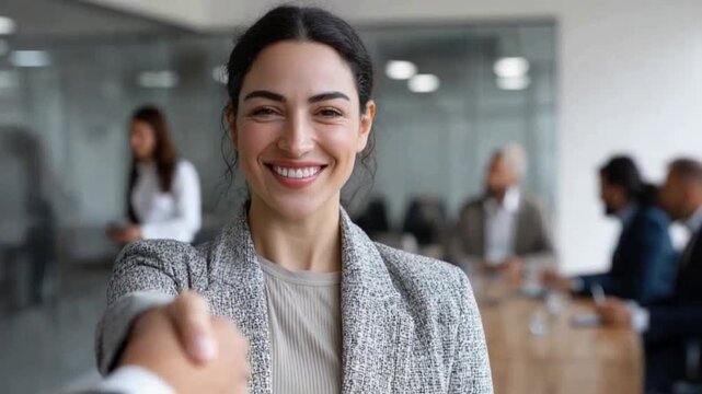 Business Deal: A confident individual extends a hand, sealing a successful business agreement, the backdrop of an office setting emphasizing professionalism and collaboration.