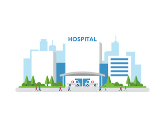 Obraz premium A contemporary public hospital or clinic with ambulances and patients, shown as a colored flat cartoon vector illustration on a white background