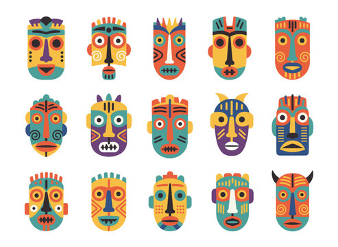 A set of traditional ritual or ceremonial masks from Africa, Hawaii, or the Aztecs, shaped like human faces or animal muzzles, presented on a white background as a flat, colorful cartoon vector