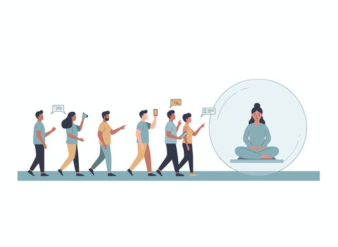 A young woman inside a clear glass bubble surrounded by a crowd, illustrating social isolation and solitude in a bright flat cartoon vector style