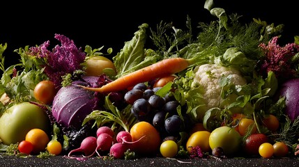 Freshly harvested colorful vegetables and fruits arrangement on black background with water droplets