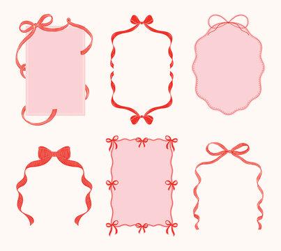 Hand-drawn ribbon and bow frames in retro vintage style for greeting cards, invitations and festive decoration, vector illustration.