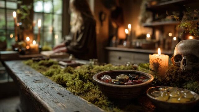 Exploring a mystical apothecary filled with herbs, candles, and ancient artifacts in a cozy, atmospheric setting