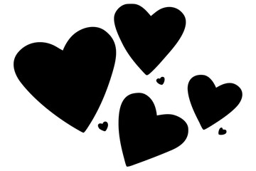 Collection of various sized black hearts; simple geometric shapes representing affection; flat minimalist silhouette vector design.