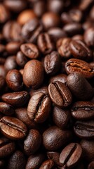 Macro shot of fresh roasted coffee beans, dark brown texture and aroma detail