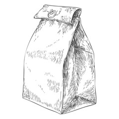 Classic paper lunch bag, folded top with clasp, food carrier, picnic item, brown bag, simple container, hand drawn vector illustration.
