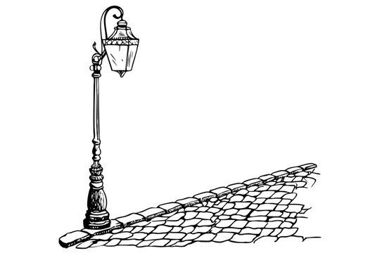 Old fashioned street lamp casting light on a cobblestone road, decorative lamppost with traditional pavement; black white doodle drawing art.