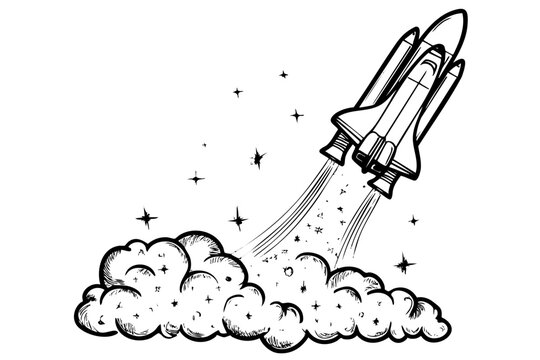 Space shuttle rocket launch hand drawn sketch. Outline object illustration. Doodle graphic art isolated white background