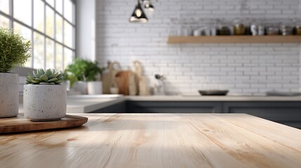 Modern kitchen interior with wooden tabletop foreground and plant decorations, light and airy