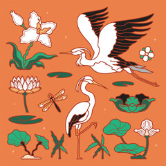 Batik stork and water plant elements