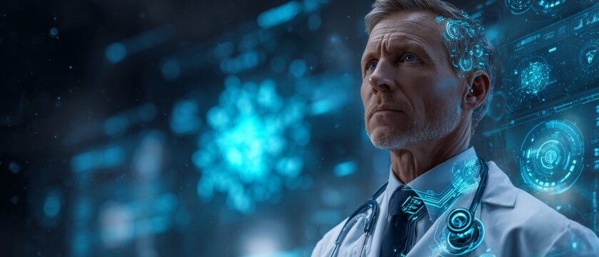 Innovations in genomic sciences: exploring the future of bioinformatics. High-tech graphics. A scientist in a futuristic medtech environment: expanding genomic horizons. Futuristic data.