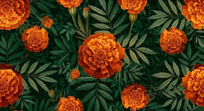 Fototapeta Detailed Illustration of Bright Orange Marigolds and Green Leaves, Forming a Natural Motif