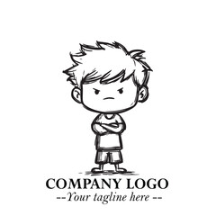 Black and White Chibi Boy Illustration with Jacket and Boots in Bold Thick Line Art Minimal Style