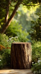 Rustic wooden tree stump podium in a serene garden setting for product display