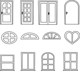 Illustration set of doors and windows. Vector cartoon crooked outline illustrations. For icons, stickers, kids worksheets and magazines.