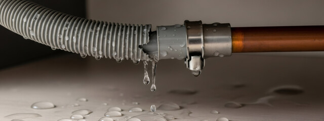 Broken drainage pipe with water leaking. Damaged hose on dishwasher or washing machine. Plumbing repair and home maintenance concept.