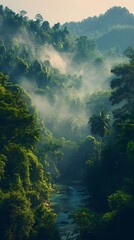 Tropical river flowing through misty lush jungle landscape with palm trees and dense foliage