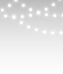 White glowing christmas light garland with warm illumination, creating a festive overlay for holiday decoration, elegant card design, or cozy winter celebration wallpaper background illustration.