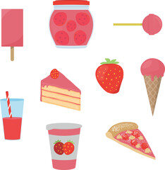 Set of cartoon strawberry products. Vector illustration for kids magazines, books, stickers etc.