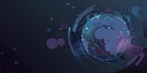 Abstract digital globe with futuristic tech elements and glowing particles on a dark background