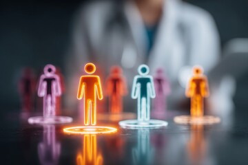 Understanding mental health through visual feedback. Virtual connections map. Doctor balancing emotional expressions with customer feedback. Virtual social interaction.