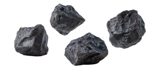 Four dark gray rocks with rough, irregular surfaces against a black background