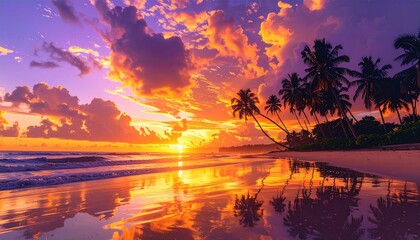 Vibrant tropical beach sunset with silhouetted palm trees casting long shadows on wet sand reflecting the golden orange and purple sky and ocean