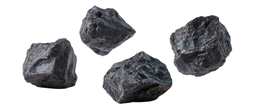 Four dark gray rocks with rough, irregular surfaces against a black background - Powered by Adobe