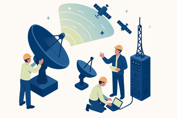 Innovative satellite communication engineers working on global network infrastructure project