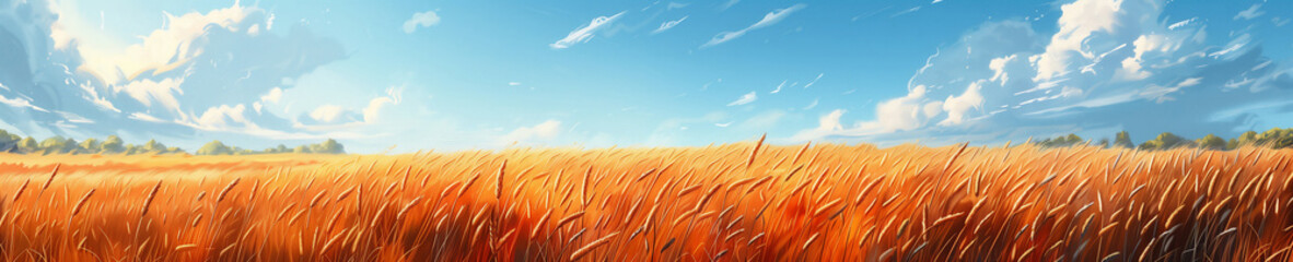 Naklejka premium ripe golden wheat field stretching to the horizon beneath a bright blue sky with fluffy clouds. Generative ai raster illustration. Wide banner image