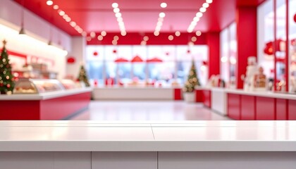 Empty white counter with white New Year ice cream shop background, blurred red color.