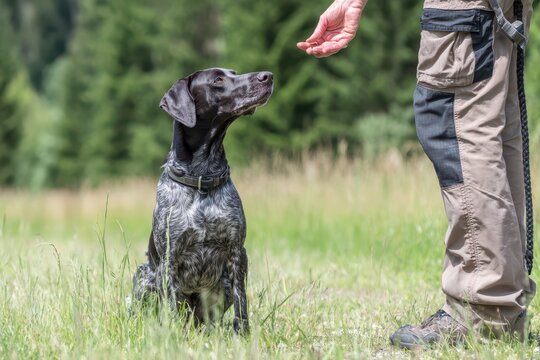 Dog Training Clicker: Obedience Education in Summer Grass with German Pointer