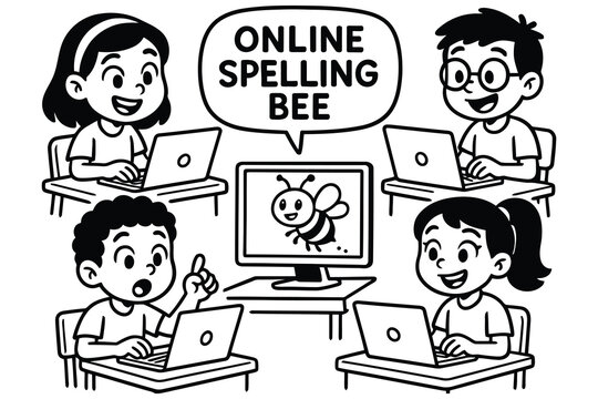 Children participating in an online spelling bee competition using laptops and computers