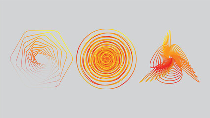 three abstract geometric shapes with warm gradients on a light background