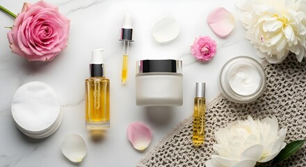 Luxury Skincare Flat Lay with Natural Flowers and Beauty Products