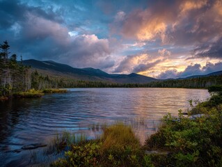 Dusk at Stump Pond: Serene Sunset Scene in Baxter State Park Maine