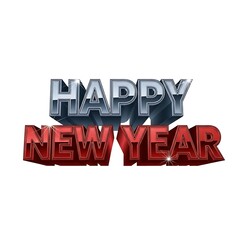 3D metallic text 'HAPPY NEW YEAR' in silver and red, with shiny reflections, on a white background, celebrating the holiday.
