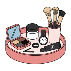 3d rendered illustration of vanity tray with makeup and accessories isolated on transparent background