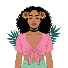 Serene woman with sunflowers and tropical foliage illustration isolated on transparent background