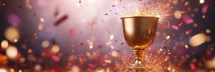 Golden trophy with sparkling confetti celebrating achievement