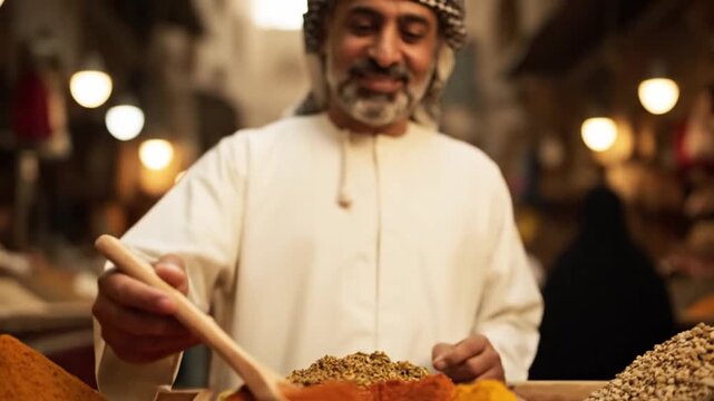 Friendly spice vendor smiling in a traditional souq market.