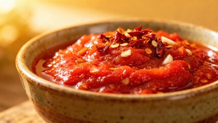 Brightly lit bowl filled with vibrant red, chunky spicy sauce garnished with dried chili flakes and garlic.